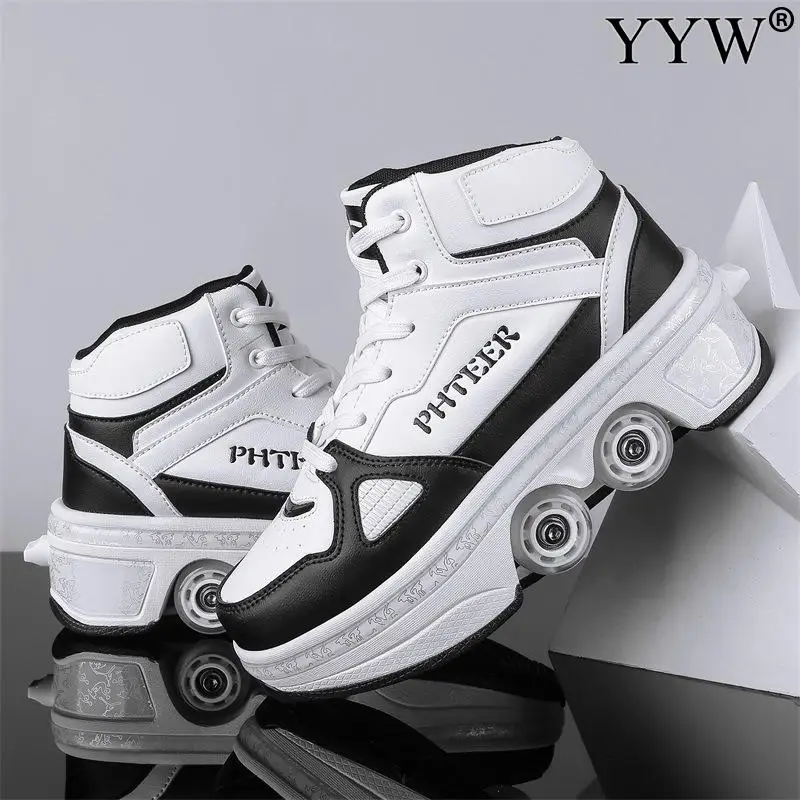 Pu Leather Adult Sport Roller Skate Shoes Casual Deformation Parkour Sneakers Skates With 4-Wheel For Rounds Children Of Running