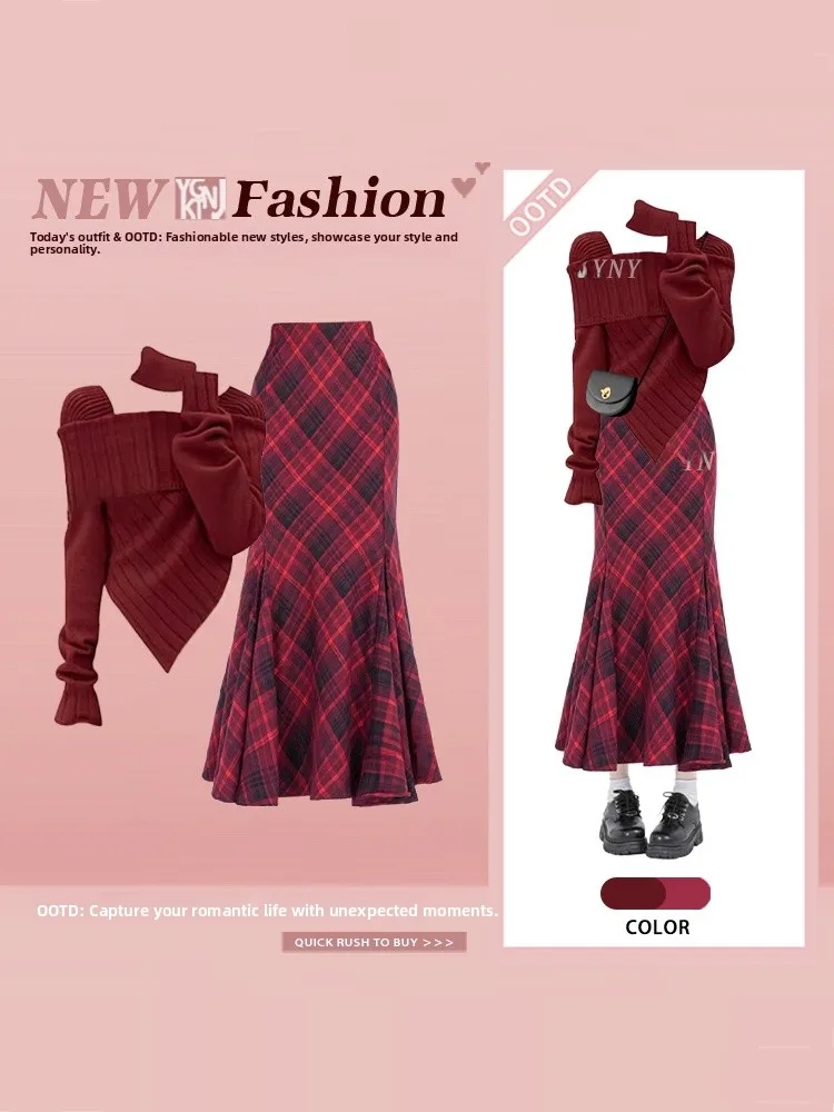 

Cisas Aosphere Wine Red Irregular Knitted Top Winter Plaid f Skirt Fi Tail Skirt Two Piece Set for Women Vintage S...