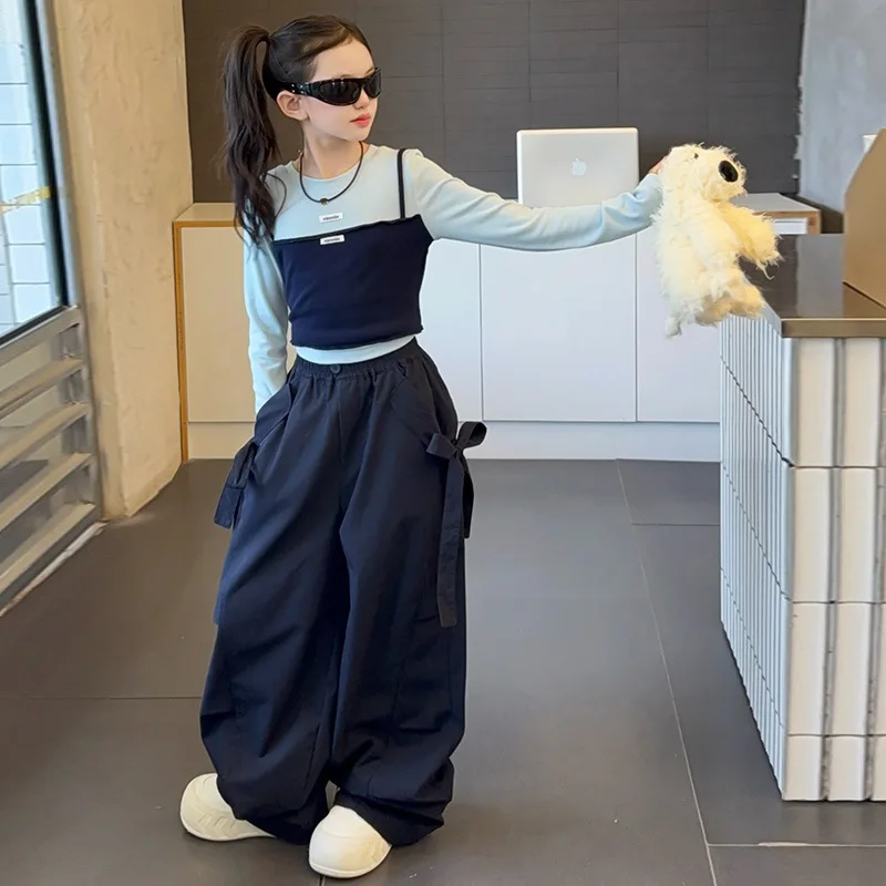 

Children Girl Two-piece Sets Autumn Korean Kids Girls Patchwork Round Neck Top School Girls Bowknot Elastic Waist Wide Leg Pant