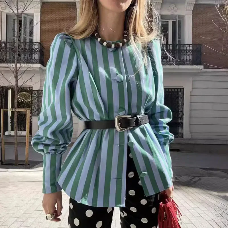 Camisa a rayas de manga larga para mujer, blusa holgada informal y elegante con cuello redondo, Estilo Vintage, primavera y otoño, 2024