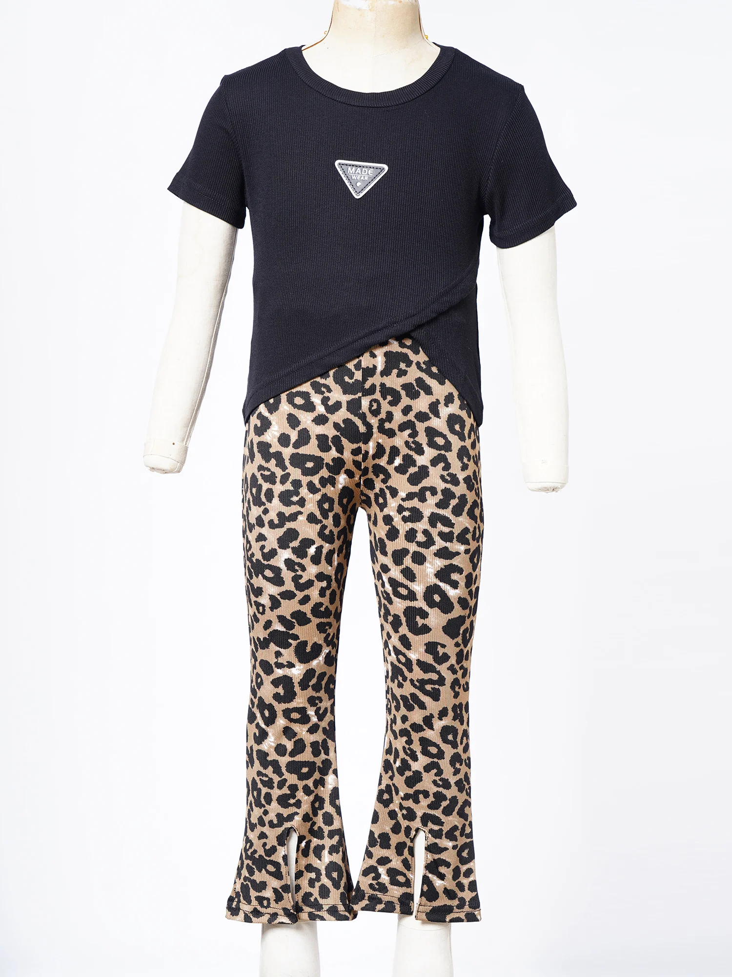 Fashion Modern Jazz Dance Costumes Set Girls Casual Sport Outfits Short Sleeve T-shirt Top High Waist Leopard Print Flared Pants