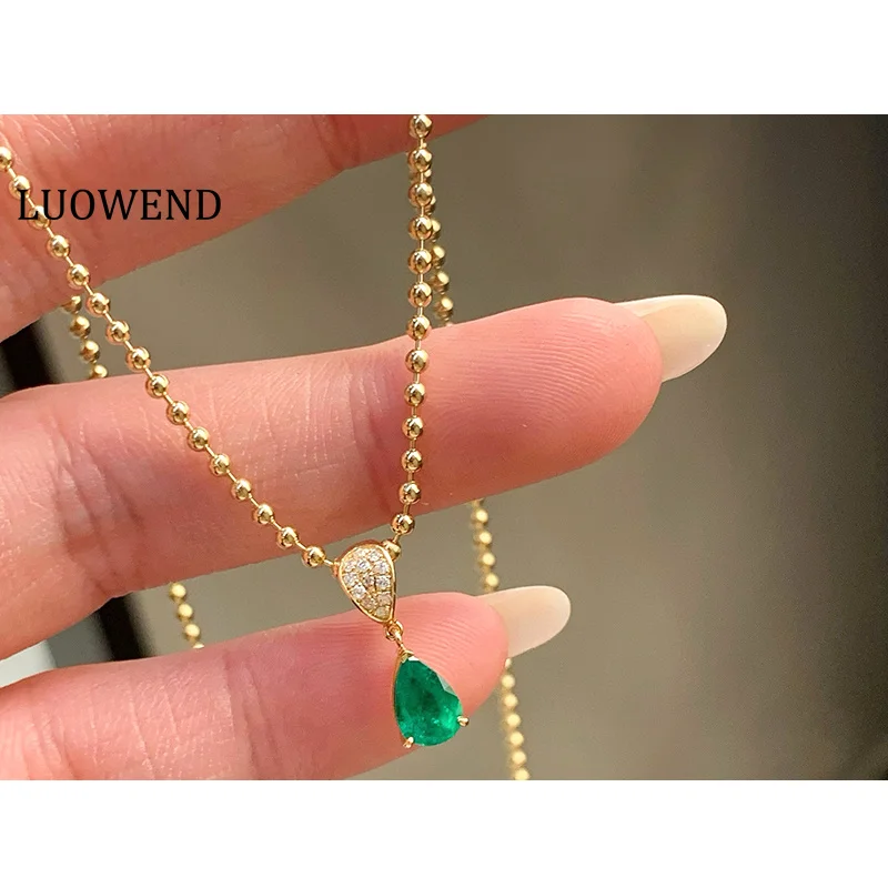 

LUOWEND 100% подвеска из желтого золота 18 карат, элегантная подвеска в форме капли воды с блестящими бриллиантами и натуральным изумрудом для женщин, изящные ювелирные изделия