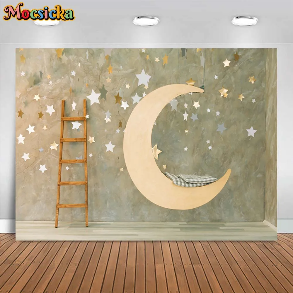 

Mocsicka Newborn Photography Background Suspended Moon Swing Wooden Ladder Star Baby Photo Backdrop for Photo Studio Shoot Props