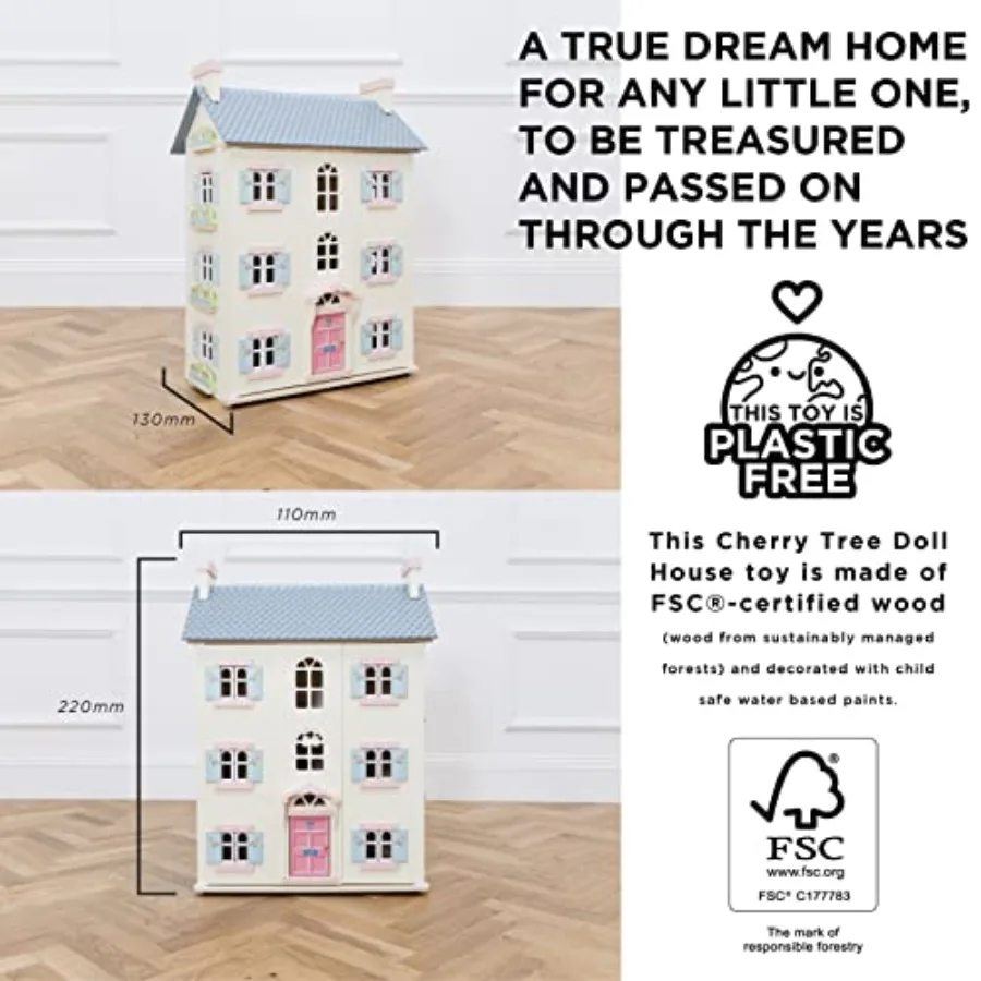Precioso salón de cerezo grande, casa de muñecas de madera de 4 pisos, juego para niñas o niños |   Gran como regalo |   Adecuado para mayores de 3 años