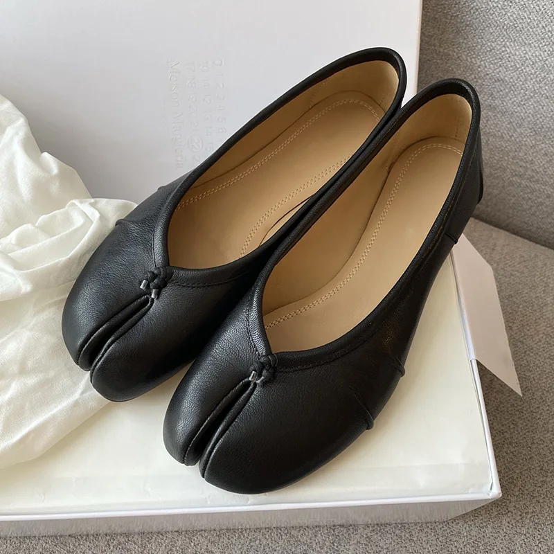 Women's Fashion Pleated Leather Split-Toe Flat Tibi Shoes, Casual Pig Trotters Ballet Loafers Comfortable Loafers Daily Shoes