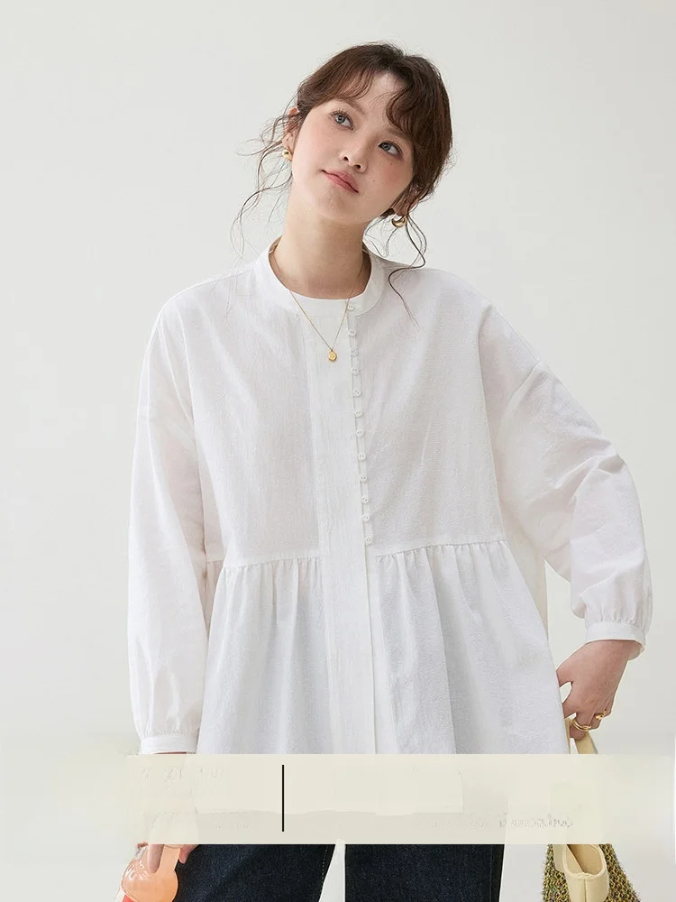 

AMUU Original Anti-Aging White Pure Cotton Shoulder-Drift Shirt Women Spring New Loose Doll Shirt Top Korean Style Commute