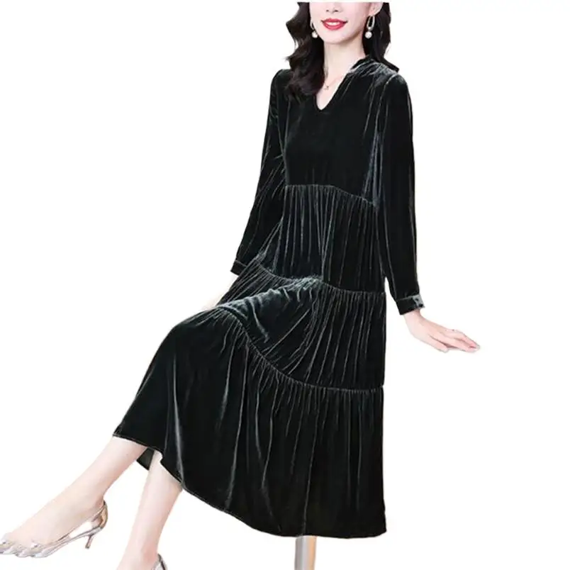 

Women 2024 Spring Fashion Soft Velvet Dress Loose Casual V-Neck Slim Dress Vintage Long Sleeve Female Vestidos Mujer Pink Black