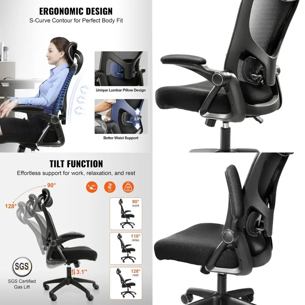 

Эргономичное офисное кресло, регулируемая поясничная поддержка и подголовник, домашнее настольное кресло с откидным подлокотником, 90-128 ° Наклон-качалка и Т