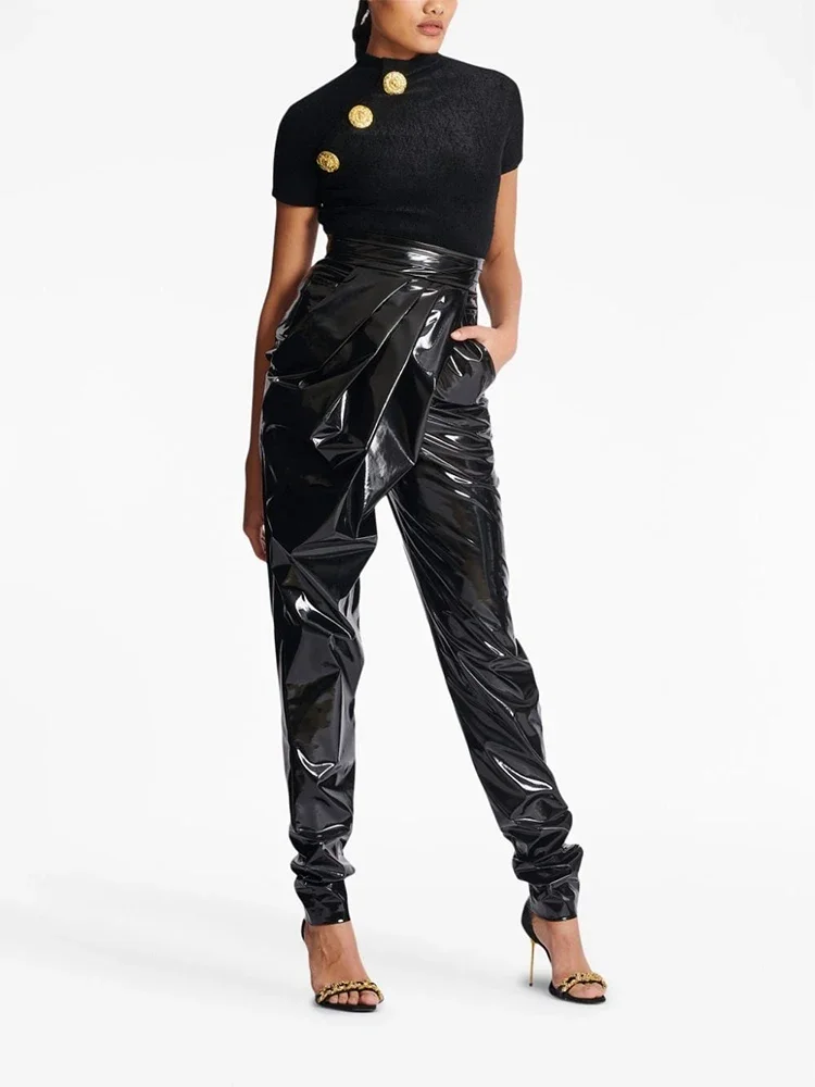 Shiny Patent Leather Pants Wrinkles Women High Waist Faux Latex Trousers With Pocket Chic PU Pleated Haren Pants Custom Clubwear