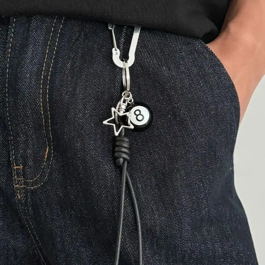 SHIXIN Trendy Acryl Schwarz Nr. 8-Kugel-Anhänger-Schlüsselanhänger für Herren, Punk, gewebtes Lederseil, Anti-Verlust-Schlüsselanhänger, Auto-Schlüsselanhänger, Zubehör