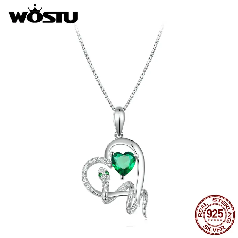 WOSTU 925 Sterling Silver Green Snake Pendant Necklace For Women Love Heart Zircon Charm Necklace Snake Chain Links Party Gift