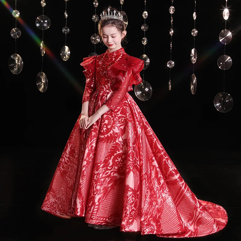 

Girls' Tail Dress Princess Dress Red Piano Performance Dress Little Girl Catwalk Children's Host Fashionable Spring