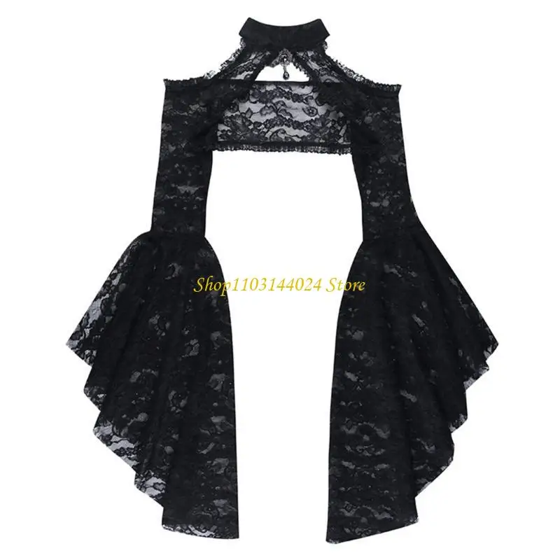 N5KE All-matching Hollow out Cover Up for Women Gothic-Flare Sleeves Crop Tops Ladies Stand Collar Black Lace T-shirt