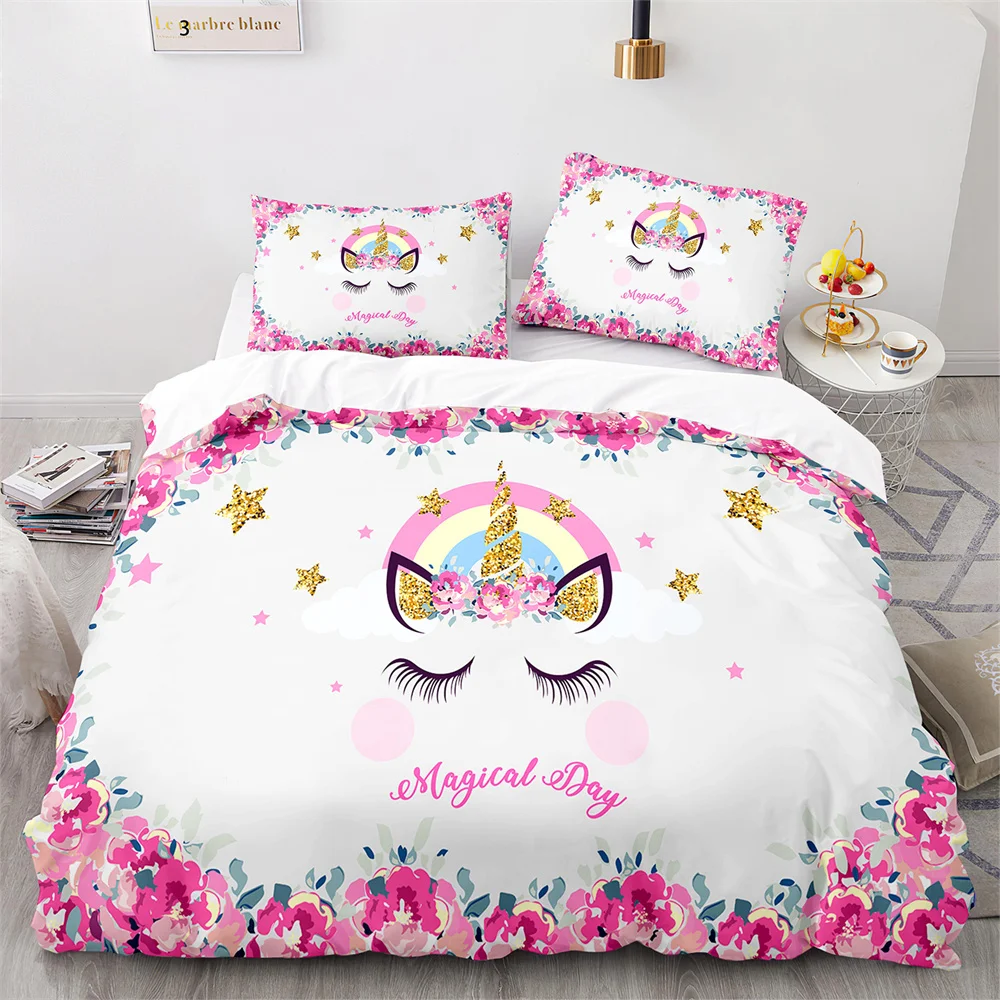 Unicorn Rainbow Duvet Cover Set King Twin Full Size Kids Boy Girl Bedding Set Colourful Cartoon Child Polyester Comforter Cover