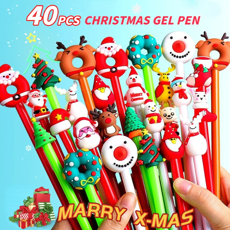 kawaii natal gel caneta 05 mm tinta preta bonito arvore de natal elk santa bonecos de neve caneta neutra escola estacionaria criancas presente 40 pecas lote 01