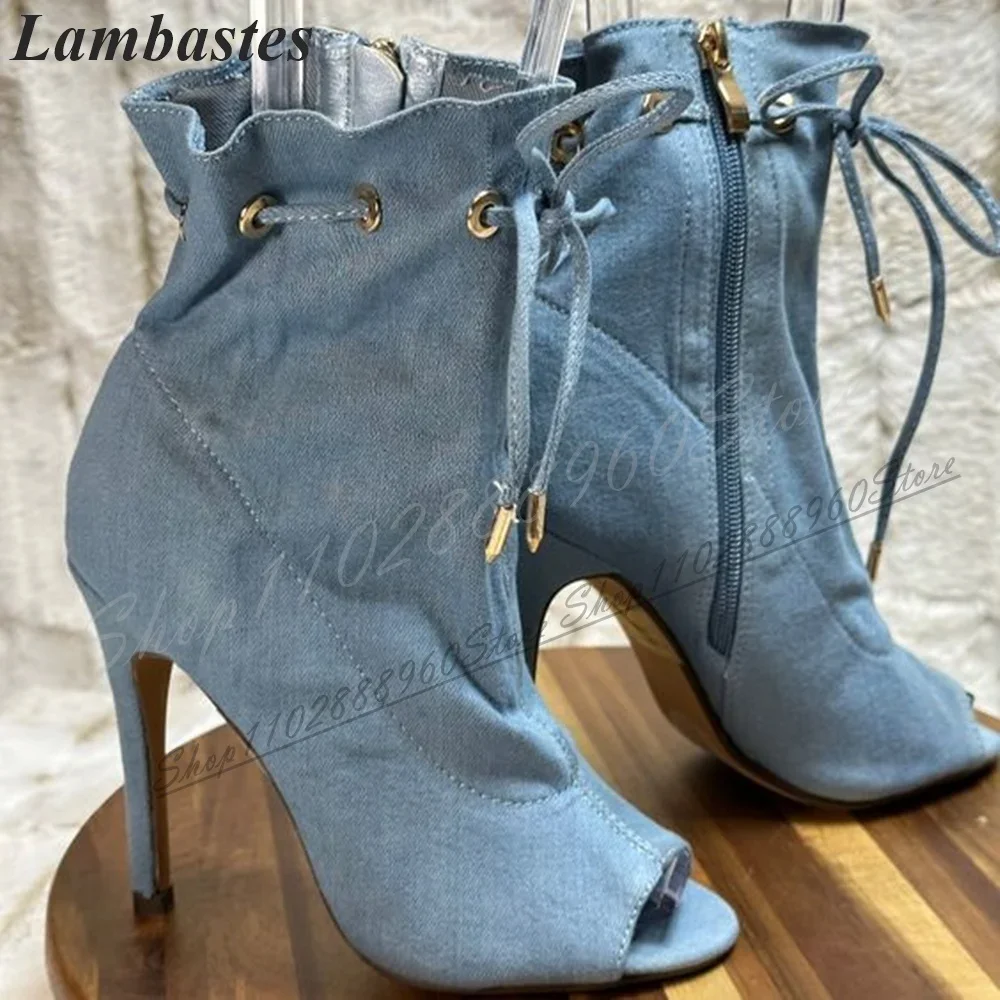

Trending Blue Denim String Ankle Boots Thin High Heel Shoes For Women Side Zipper Peep Toe 2024 Fashionable Zapatillas Mujer
