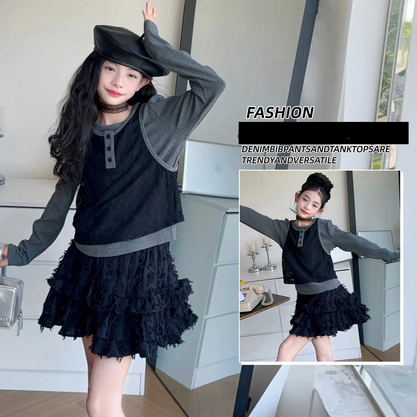 

Girl Clothes Set Size 4-14Y Kid Dresses Set Child 2Pces Of Fake Vest Tee Top+Skirt Bottom Daily Clothing Set Toddler Dress Suit