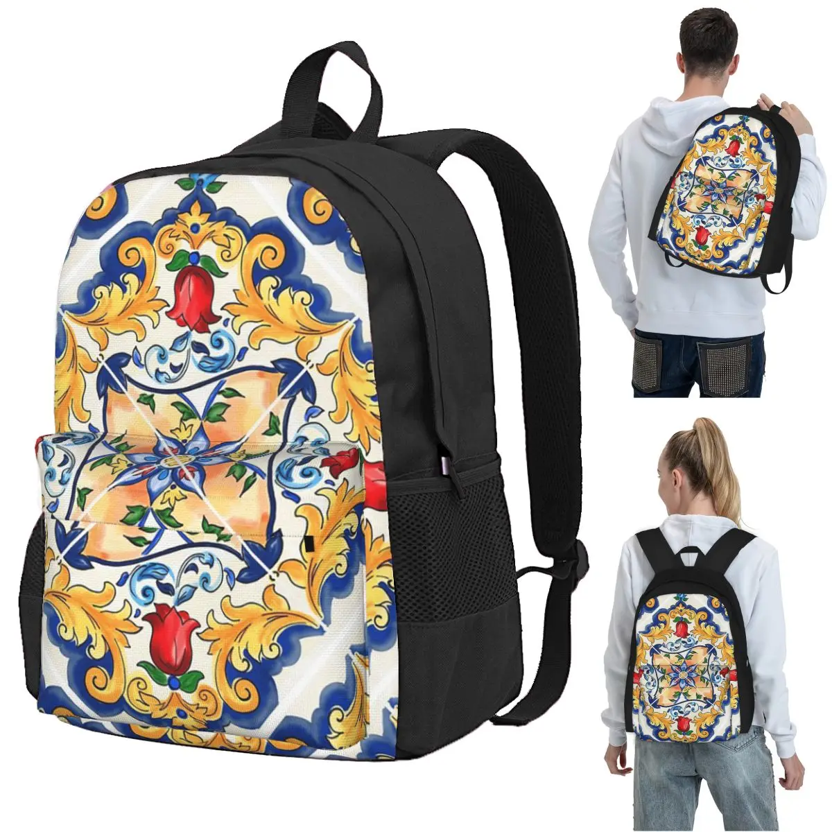Sicilian Majolica Colourful Floral Flourishes Tile Pattern Backpack Student BookBag Kids School Bag Computer