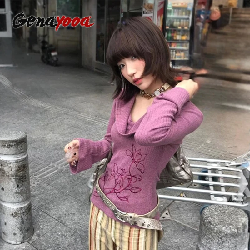 

Genayooa японская женская футболка Y2k, вязаные пуловеры нестандартной формы с вышивкой, эстетические футболки 2000-х годов, футболки Fairycore с расклешенными рукавами