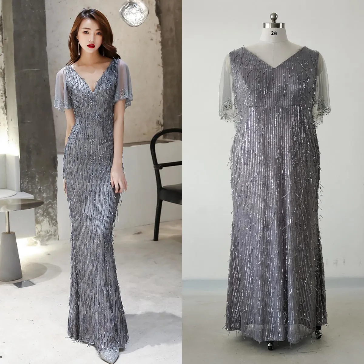 

Feelingarden Plus size Evening Dress Gray Sequins V-neck Trumpet Mermaid Floor length Robe De Soiree Lady Party Formal Gown K030