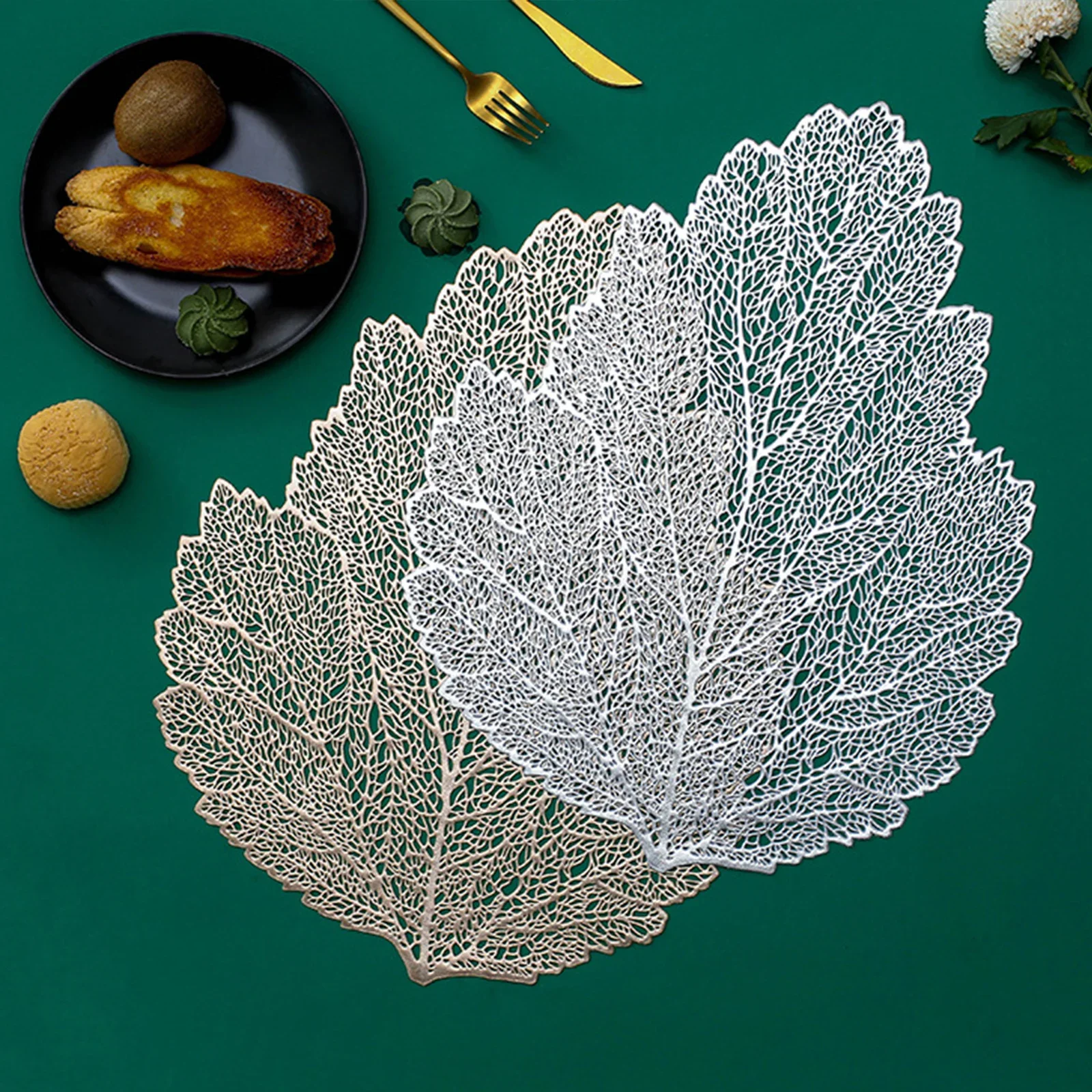 1Pc Luxurious Leaf shape Tableware Mat, Thermal Insulation Pad for Dining Table, Insulating Mat, PVC, 45x35cm, Table Decoration