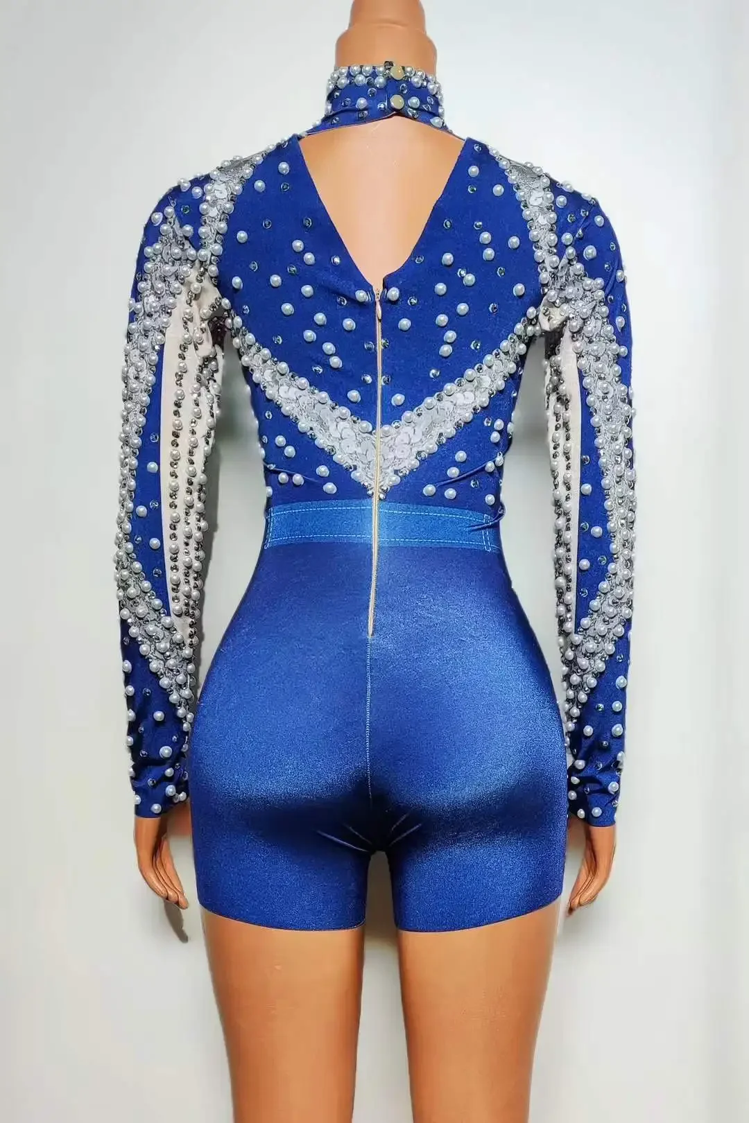 Women Stretch Spandex Long Sleeve Pearl Romper Dance Drag Queen Costume Clubbing Cheerleading Bodycon Stage Wear