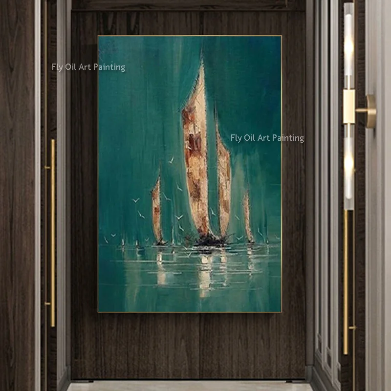 

Green Sailing Boats Canvas Wall Decor Hand Painted Sea View Oil Painting Abstract Seascape Artwork For Room Decor New Design
