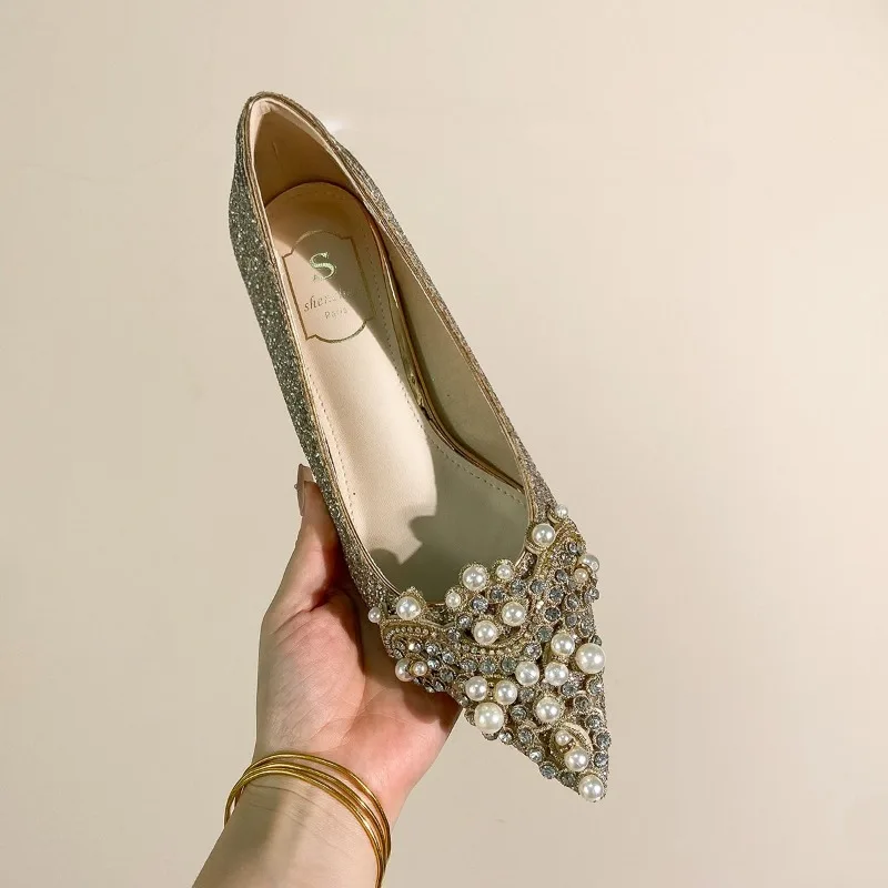 High-end Rhinestone Block Heel Single Shoes Fashion Pointed Toe Shallow Mouth Slip-on Non-Slip Low Top Shoes view 3