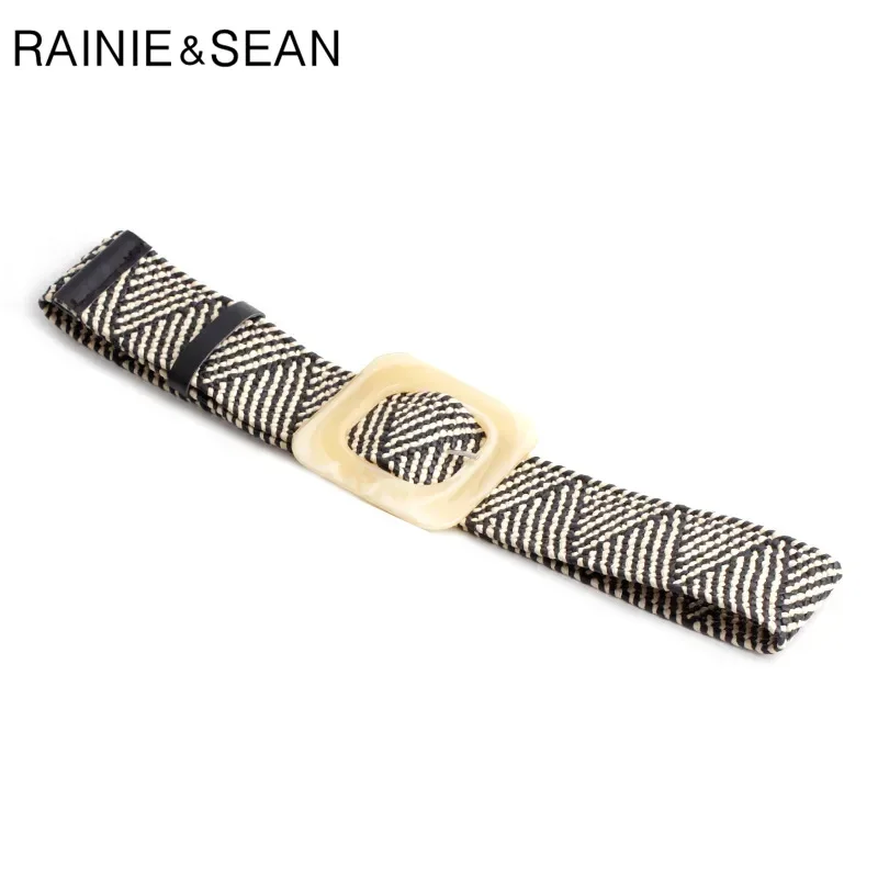 

RAINIE SEAN Black White Striped Belt Bohemian Straw Braided Wide Belt for Women Wood Buckle Ladies Dress Belt Fashion Strap