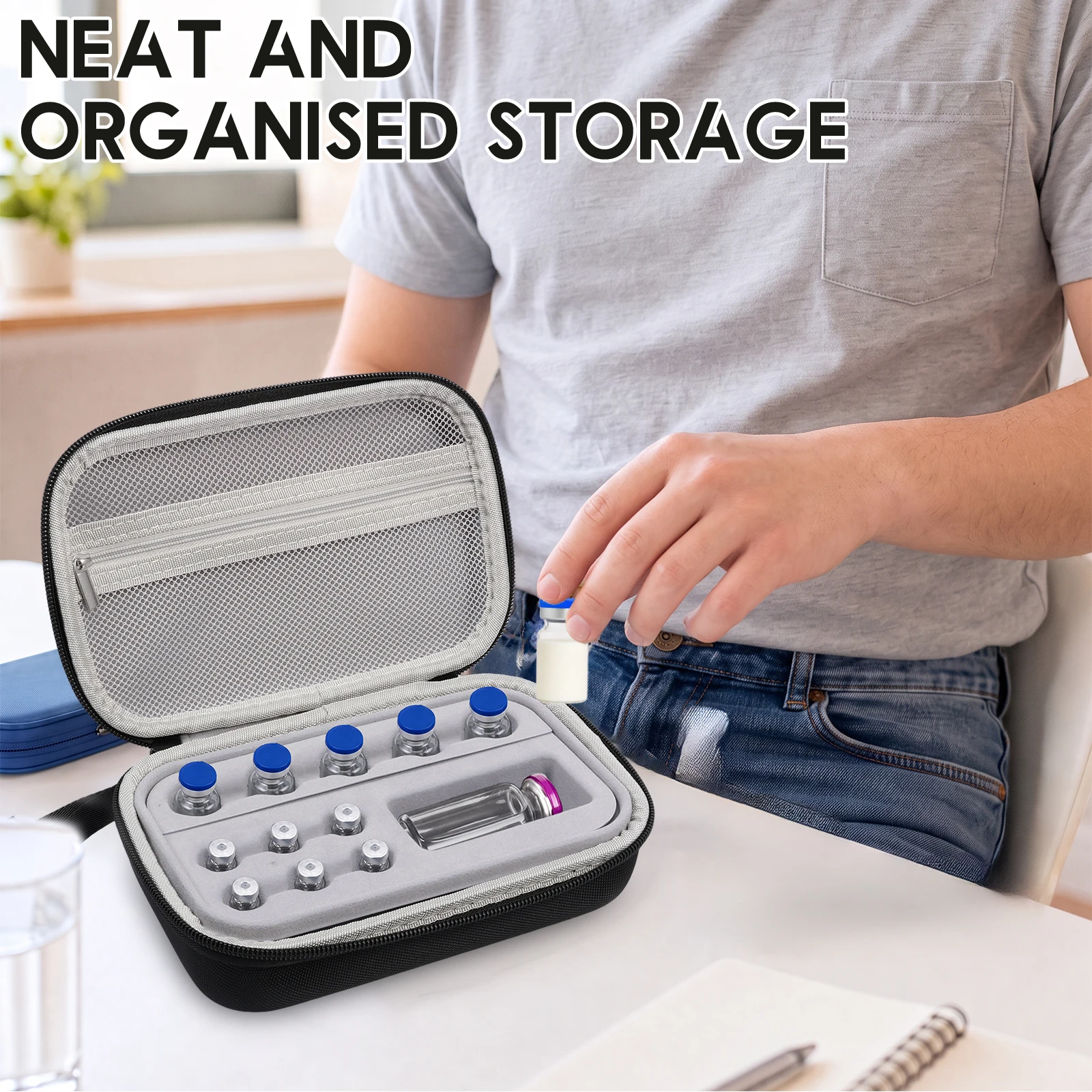 12-Slot Insulin Vial Storage Case Portable Insulin Vial Organizer Bag with Mesh Pocket & Hand Strap for Standard 3/10/30ml Vial