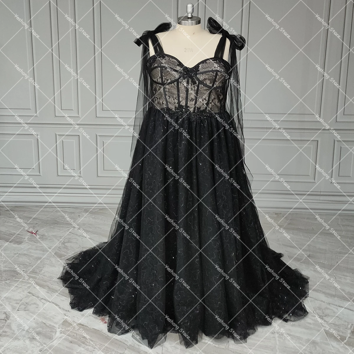 Customized Sequined Tulle Sweetheart Sheer Lace Bodice Wedding Gowns Bling Beading Self Tie Shoulder Gothic Black Bridal Gowns