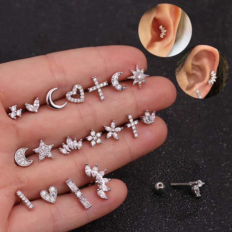 Mini pendientes coreanos de acero inoxidable para mujer, aretes de circonita para cartílago, Luna, Cruz, flores, hélice, Tragus, Piercing, joyería, 2 piezas