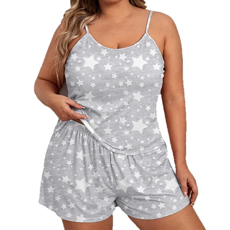 Plus size estrela impressão conjunto de pijama feminino sem mangas o pescoço colheita topo & cintura elástica shorts 2 peças feminino cinza pijamas