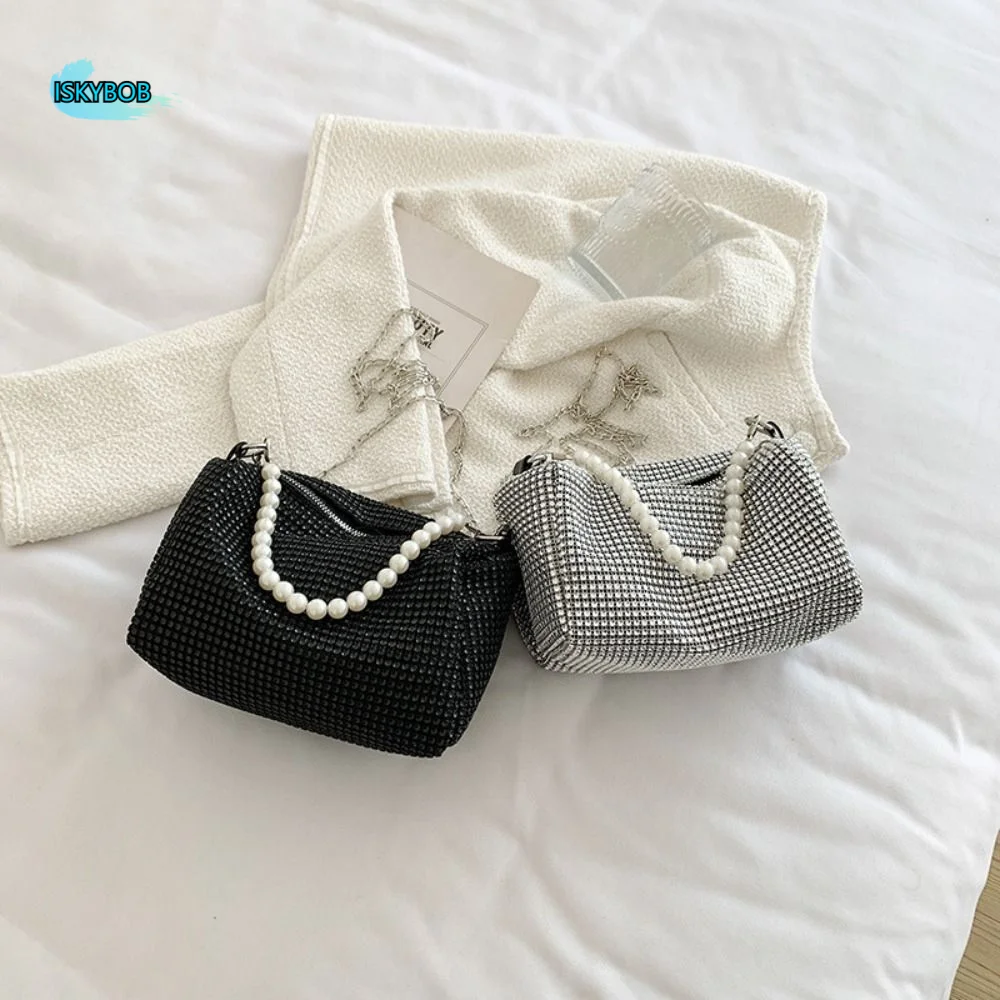 

Large Capacity Rhinestone Handbag Pearl Chain Shoulder Pouch Small Square Bag Coin Purse Crossbody Bag Women Shoulder Bag Ladies