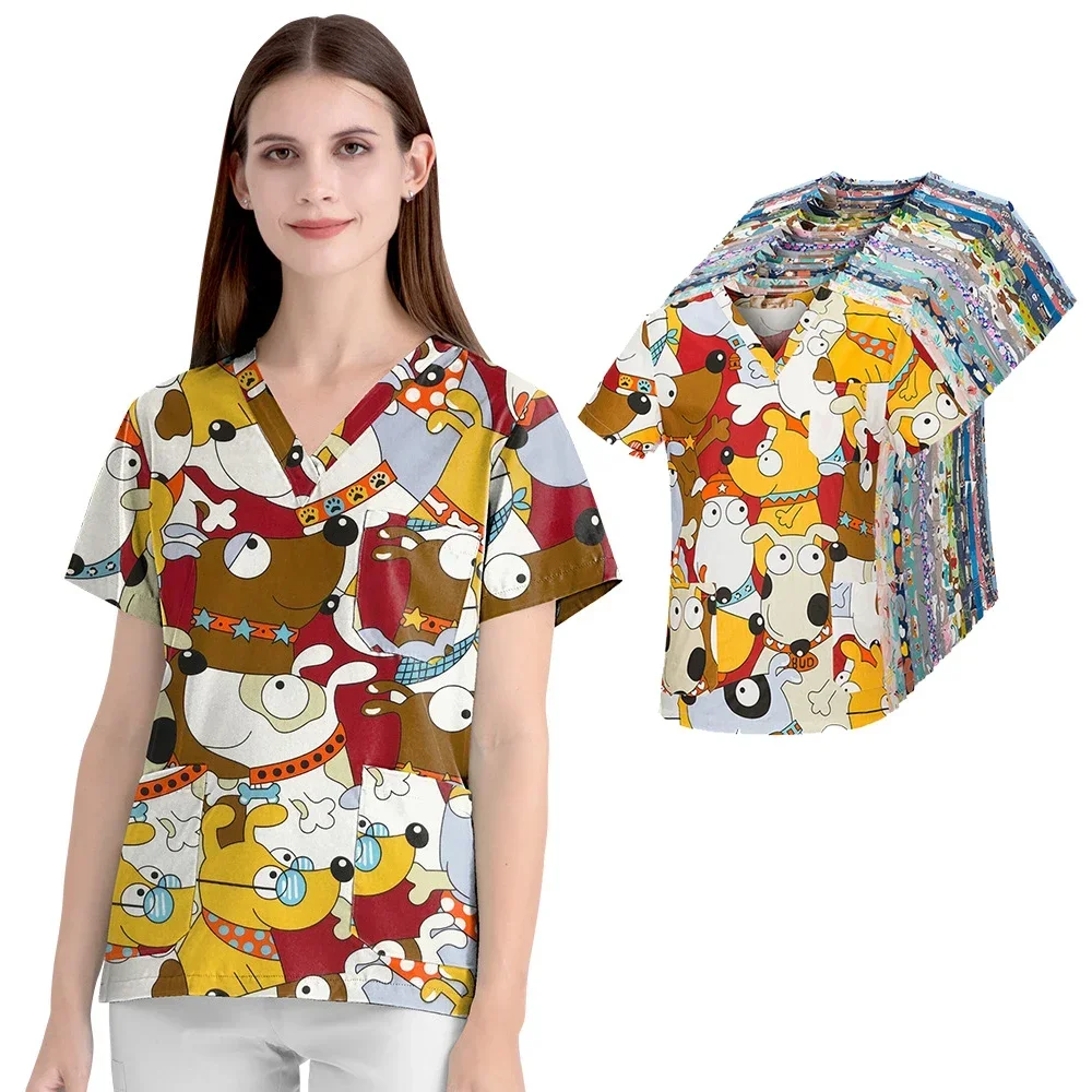 Cartoon Print enfermeira uniforme para mulheres, uniforme de trabalho, blusa com bolso, tops de enfermagem, acessórios médicos, manga curta