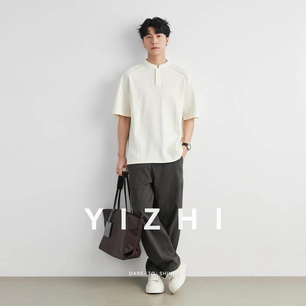 Men's 40S Double-sided Cotton New Chinese Style Henley Neck T-Shirt Summer Solid Color Loose Casual Versatile Short Sleeve