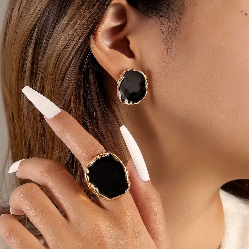 Metal Bohemian Black Stone Ring Large Charm Oil Dripping Large Joint Ring Jewelry Gift Stainless Steel Gothic Jewelry Men