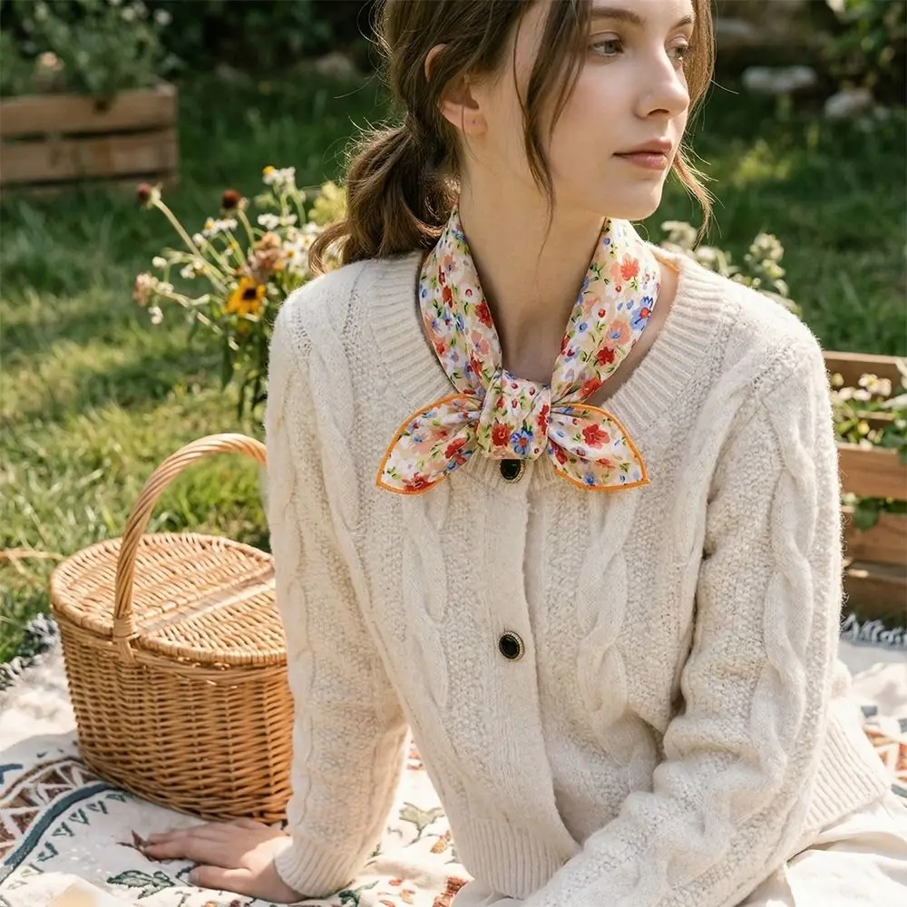 

Simple Flower Small Square Scarf Thin Korean Printed Scarves Headband Scarf Hair Band Floral Print Silk Scarf Vacation
