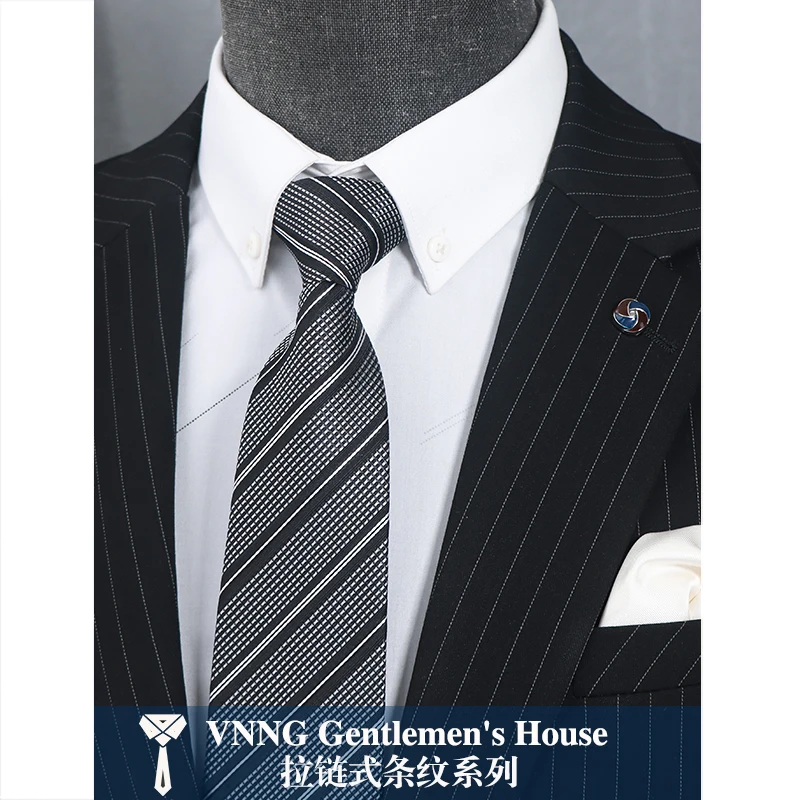 

High Quality Gray Striped Pattern Zipper Tie For Men's Business Dress Shirt Accessories 8cm Wide Lazy People Zipper Cravat