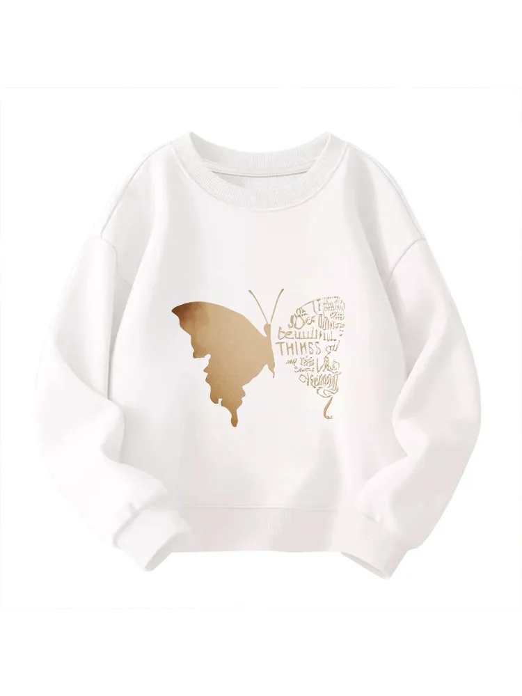 

Kids' Crew Neck Sweatshirt - Golden Butterfly with Inspirational Words Graphic White Pullover, Soft for Daily & School Wear