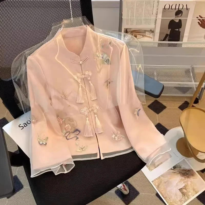 Outerwears Jackets Chinese Chiffon Shirt Women\'s Spring Dress Chinese Element National Style Buckle Collar Shirt Embroidered