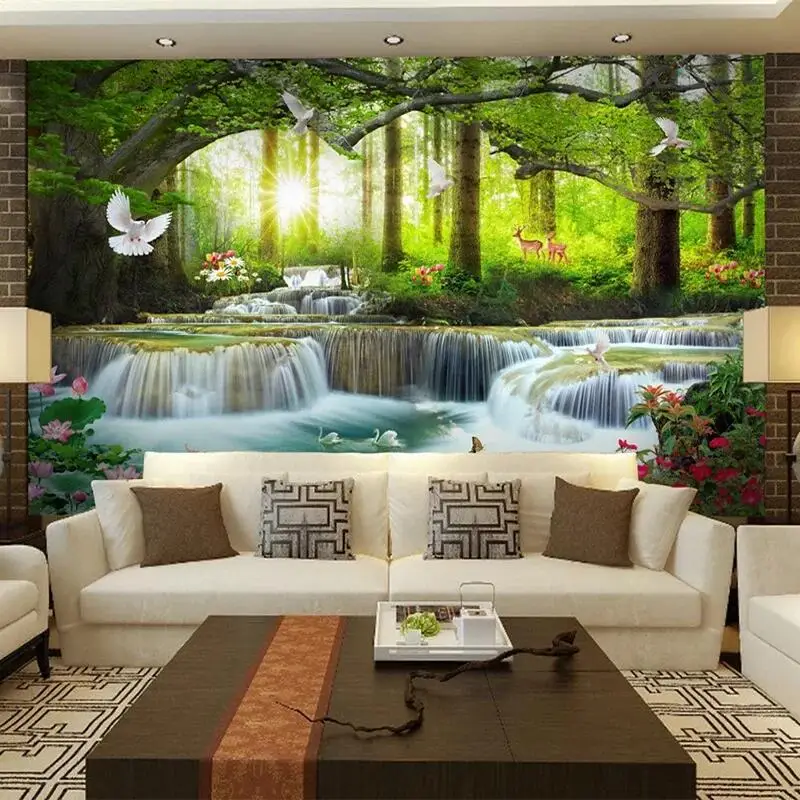 Custom Mural Wallpaper 3D Nature Landscape Forest Waterfalls Photo Wall Painting Living Room TV Sofa Backdrop Wall 3D Home Decor