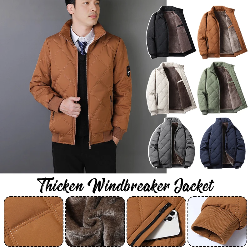 Jaket Kasual Pria Katun Musim Gugur Musim Dingin Desain Manset Tebal Jaket Berkerah Tegak Tahan Angin Jaket Katun Berlapis Berlian Termal