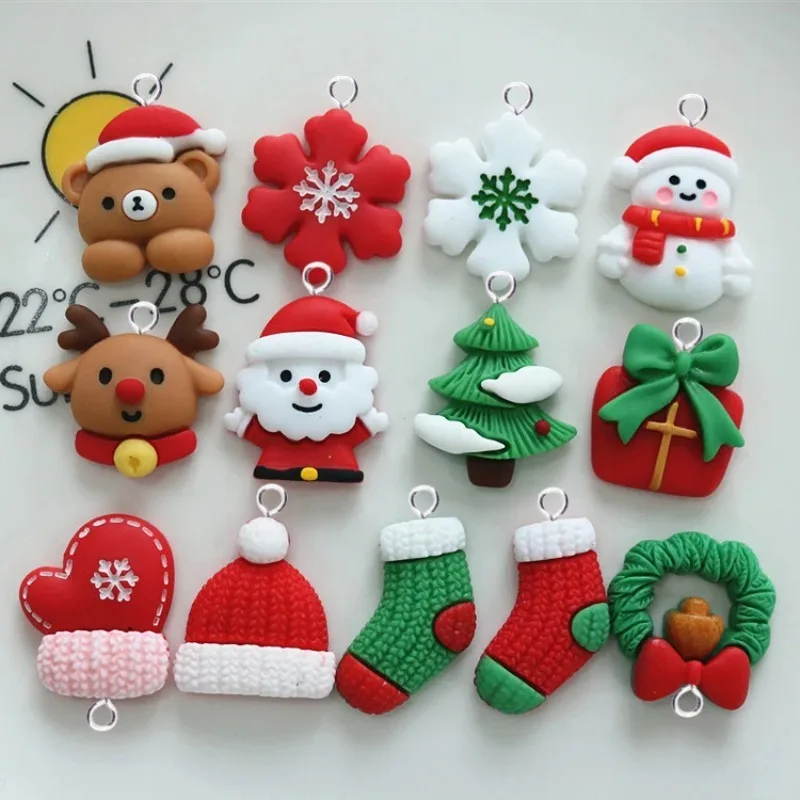10Pcs Christmas Tree Sock Deer & Santa Claus Resin Charms Cute Flatback Pendants DIY Jewelry Making Accessories for Keychains