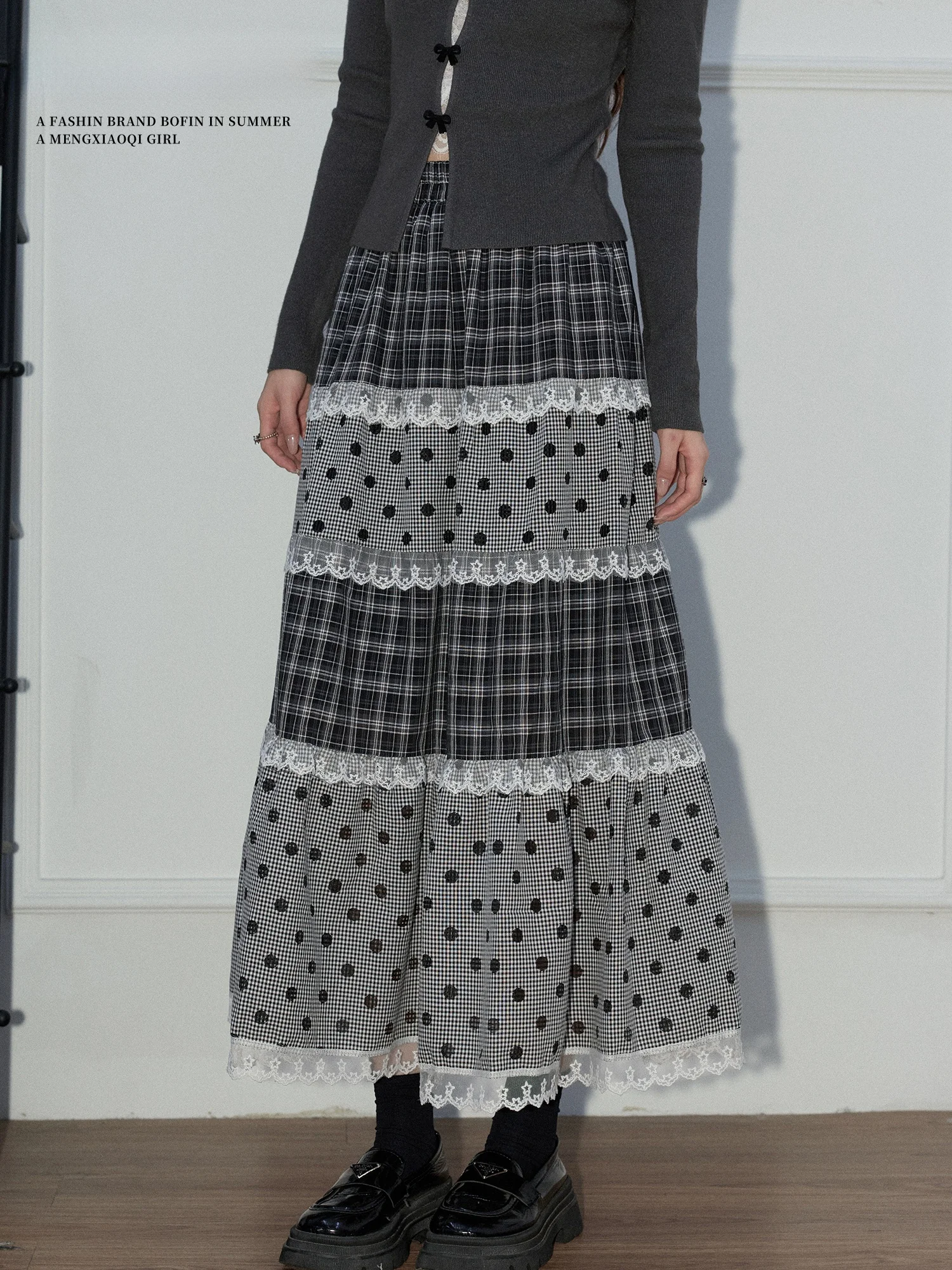 

Нежная юбка в горошек с кружевом для женщин, ранняя весна, в японском стиле, длинная многоярусная юбка-кейк с высокой талией, свободный крой