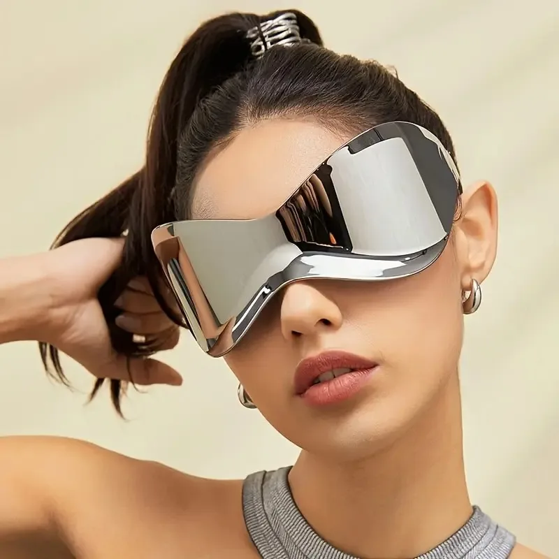 Lunettes de soleil Y2K enveloppantes pour femmes et hommes, verres miroir futuristes, sans monture, pour le cyclisme, la plage et les fêtes.