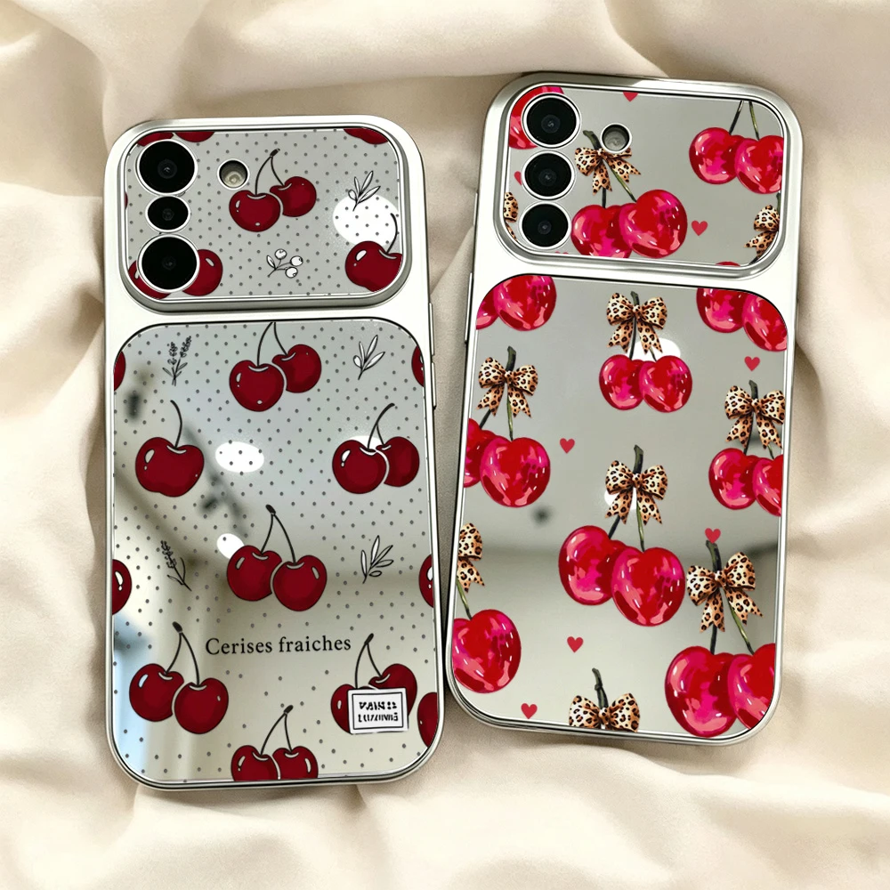 Cute Cherry Phone Case For Samsung S26 S25 S24 S23 Ultra FE A16 A57 5g A56 A37 A07 A17 A55 A54 A26 A36 Large Window Mirror Cover