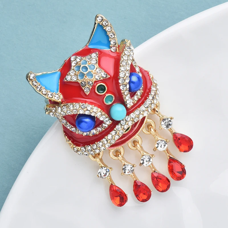 Wuli&baby Red Enamel Lion Head Brooch Pin Crystal Tassel Chinese Style Badge 2025 New Fashion Jewelry Accessory Gift