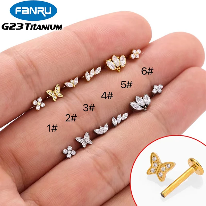 1PC ASTM F136 Titanium Piercing Labret Studs Horse's Eye Crown CZ Internal Thread Lip Stud Helix Conch G23 Titanium Jewelry 16G