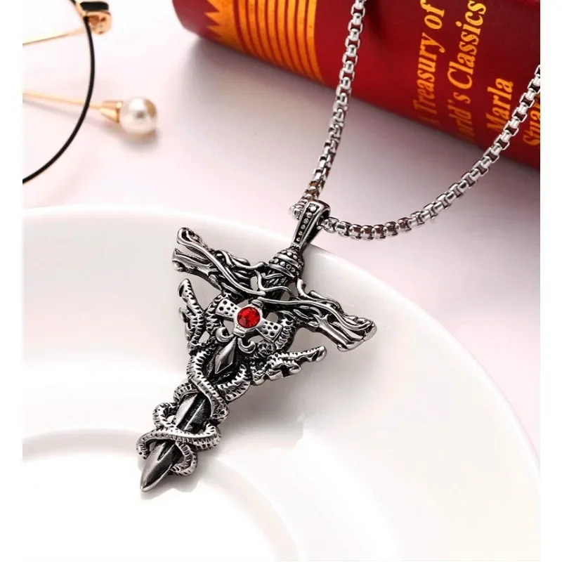 Punk Fashion Titanium Steel Necklace for Men Alloy Double Dragon Sword Pendant Choker Ring Vintage Evil Eye Cross Jewelry Gift